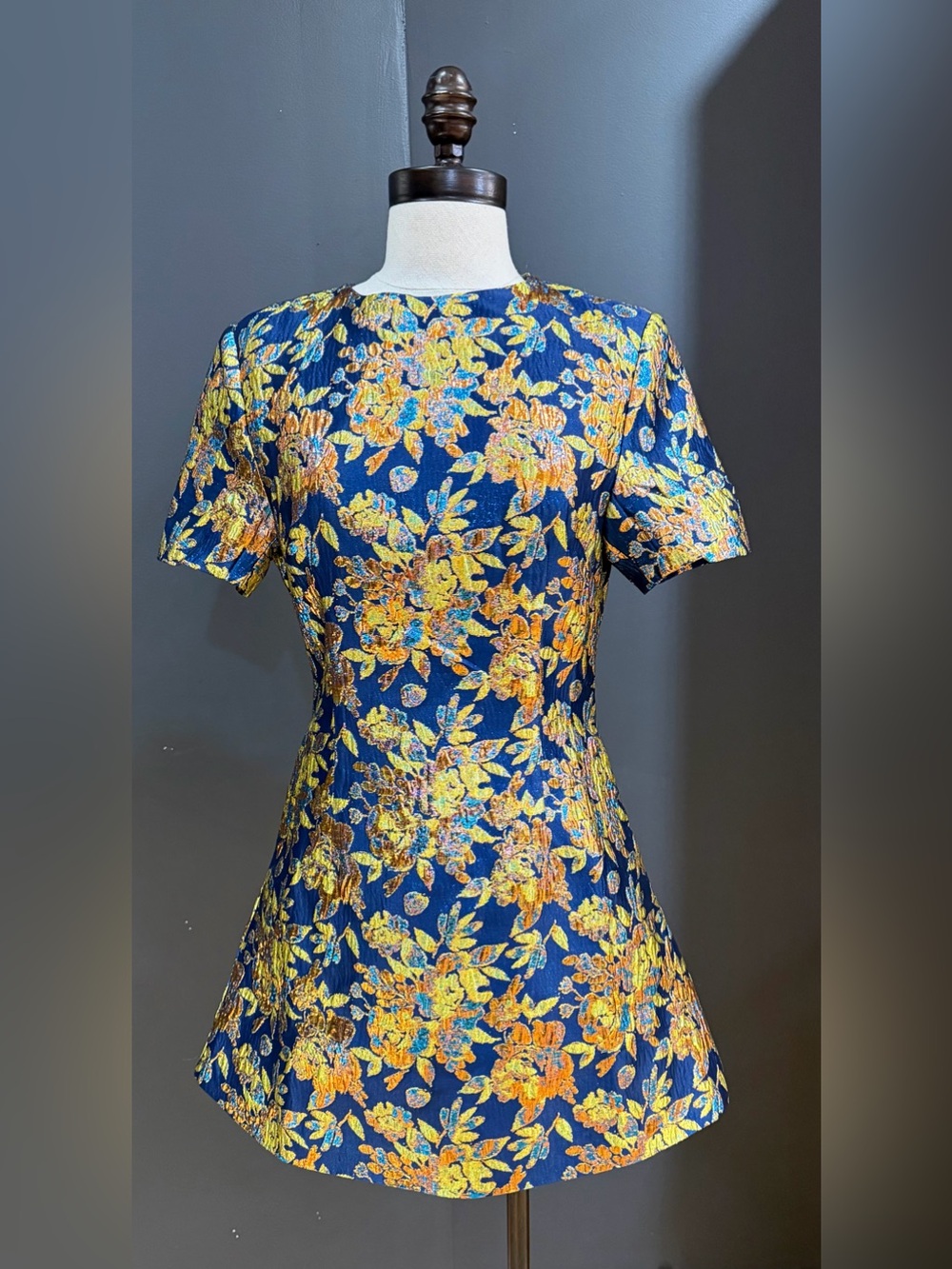 Navy Floral Metallic Mini Dress with Gold Accents